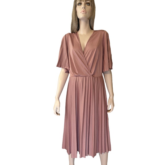 ASOS Dress Simply Be Pleated Kimono Sleeve Deep V Neck Midi Skater Rose Pink - Picture 10 of 14